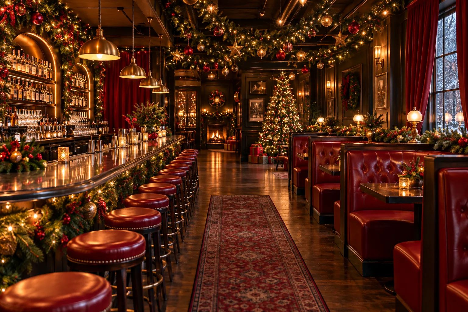 A richly decorated Christmas pop-up bar interior