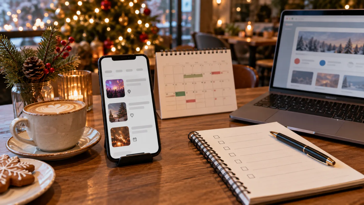 Calendar, phone and checklist used to verify a holiday event